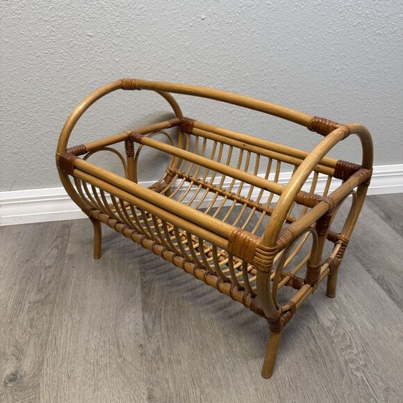 VTG Mid Century Bamboo Rattan Magazine Rack Stand
